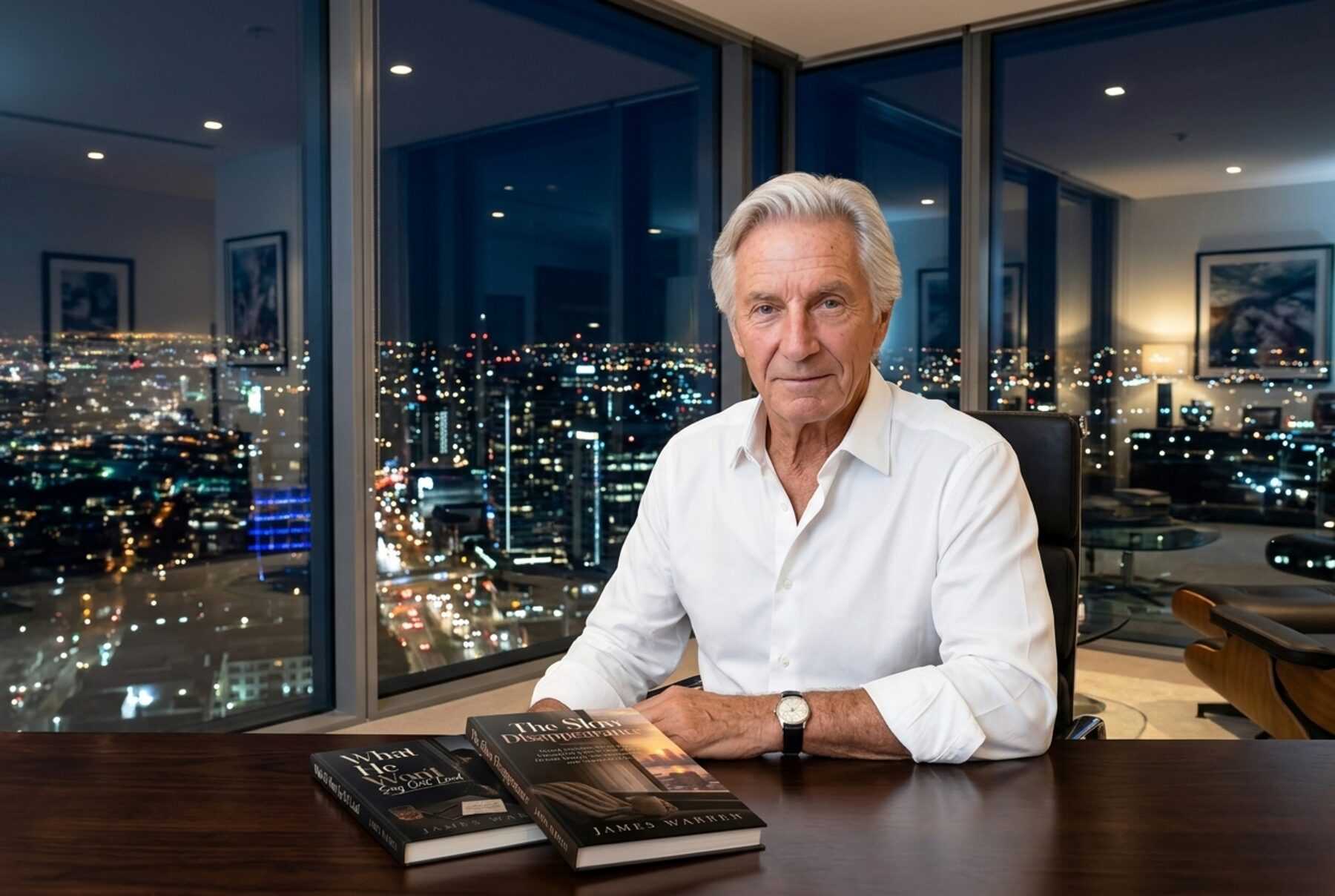 James Warren at his desk at night with both of his books